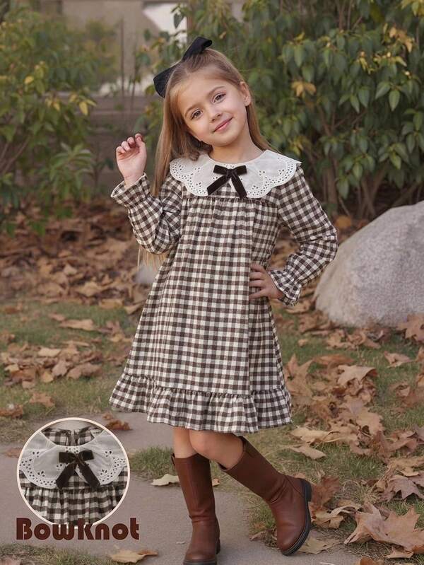Emery Rose Kids Emery Rose Kids Young Girl Young Girl Young Girl Young Girl Bow Decor Plaid Long Sleeve Dress