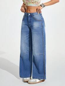 Jeanoix Women's Rivet Design Pocket Wide Leg Loose Casual Street Streetwear Denim Jeans Going Out Everyday Travel Night Out Light Blue Fall - Blue - View 1