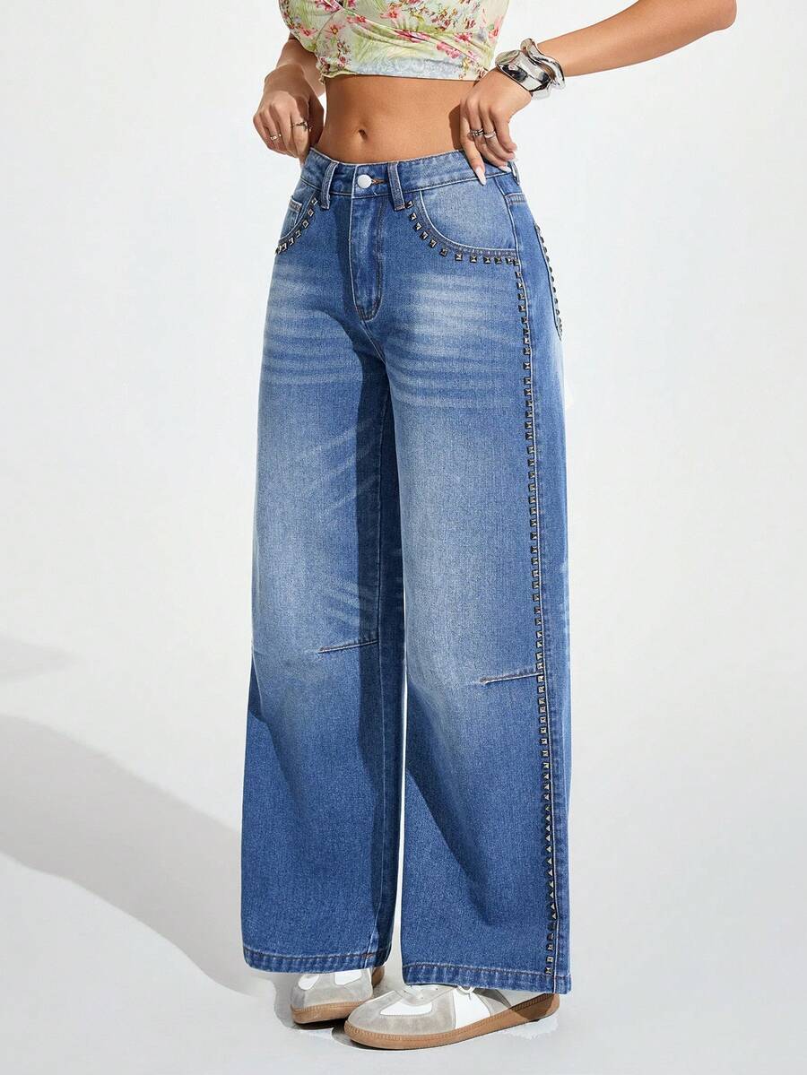 Jeanoix Women's Rivet Design Pocket Wide Leg Loose Casual Street Streetwear Denim Jeans Going Out Everyday Travel Night Out Light Blue Fall - Blue - View 1