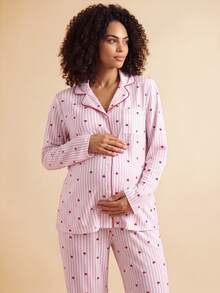 SHEIN 2pcs Striped Heart Print Lapel Long Sleeve Top And Pants Maternity Pajama Set, Winter - Multicolor - View 2