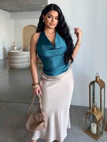 Dayanna Comas Women's Apricot Halter Neckline Tie Detail Minimalist Elegant Blouse Summer - Teal Blue - View 5
