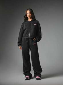 Missguided x Playboy Logo Embroidered Wide Leg Jogger Sweatpants With Drawstring Waist And Side Pockets Cozy Fleece Casual Pants - Black - View 5