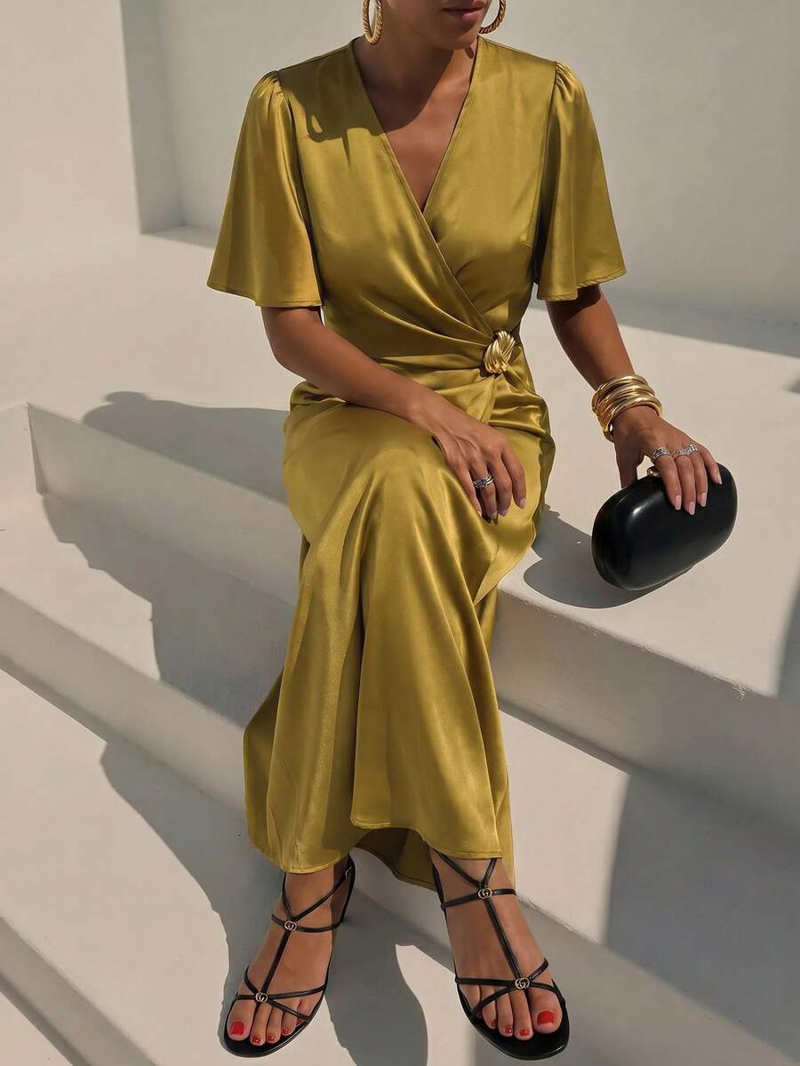 Zivah Women's Elegant Solid Color Waist-Cinching Long Dress - Mustard Yellow - View 1