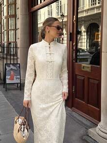 SHEIN PariChic Women's French Elegant Retro 70s White Dress Date Party Fall - Beige - View 3