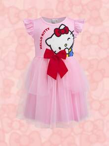 HELLO KITTY AND FRIENDS | SHEIN 女童字母卡通印花蝴蝶結裝飾網紗拼接休閒夏季洋裝 - 粉色 - 查看 3