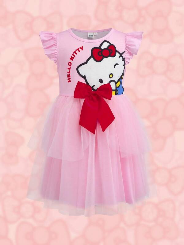 HELLO KITTY AND FRIENDS | SHEIN Young Girl Letter Cartoon Print Bow Decor Mesh Patchwork Casual Summer Dress