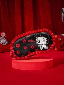 Betty Boop X Joivida 1件復古卡通印花睡眠眼罩，黑色緞面配紅色荷葉邊與彈性帶，柔軟透氣遮陽設計，適合旅行、辦公室午睡、居家放鬆、日常睡眠，也是週年或生日的可愛個性化禮物 - 紅黑 - 查看 1