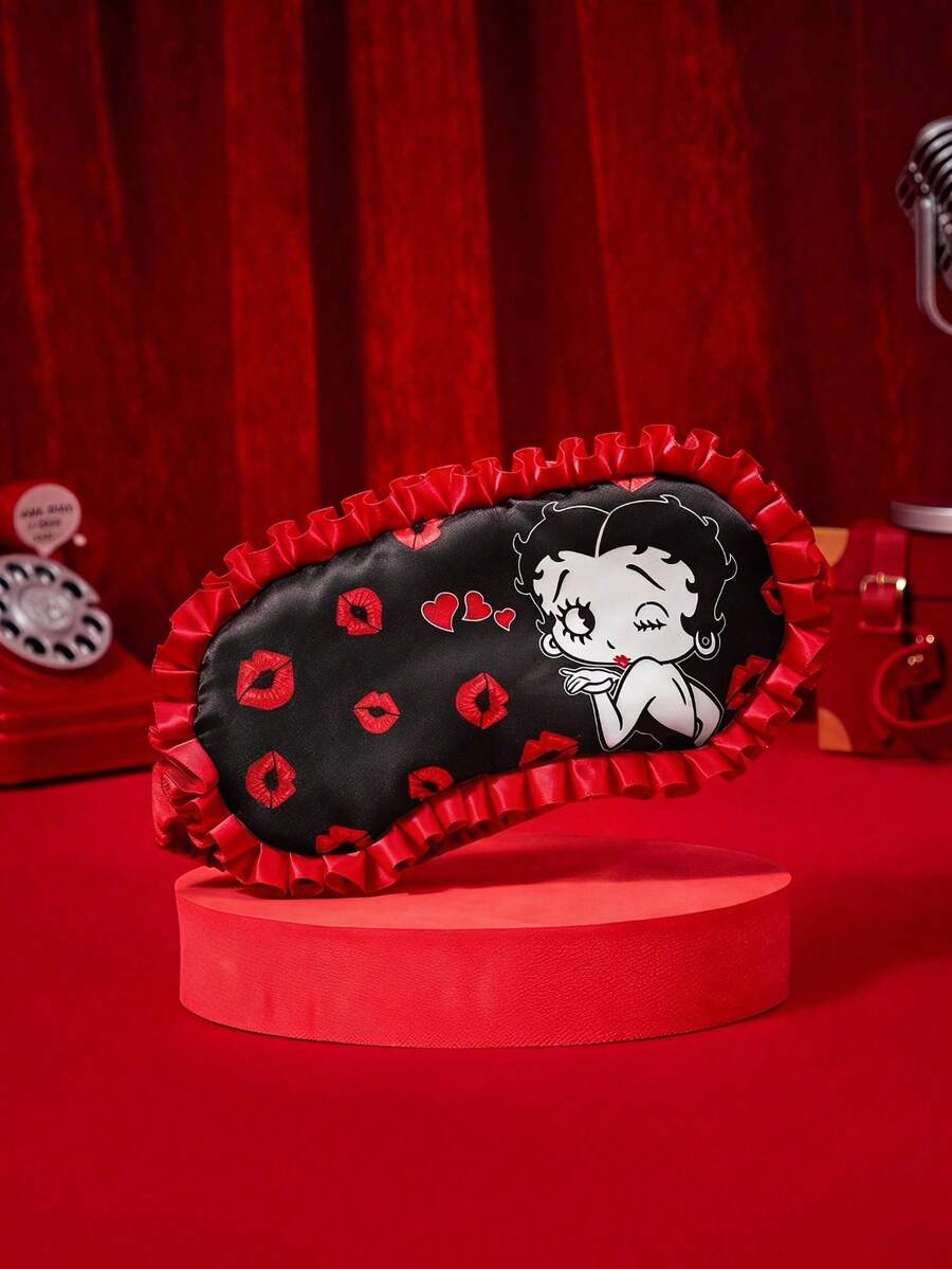 Betty Boop X Joivida 1件復古卡通印花睡眠眼罩,黑色緞面配紅色荷葉邊與彈性帶,柔軟透氣遮陽設計,適合旅行、辦公室午睡、居家放鬆、日常睡眠,也是週年或生日的可愛個性化禮物 - 紅黑 - 查看 1