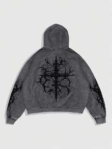ROMWE MEN Goth 男士印花時尚雪花拉鍊長袖連帽衛衣 - 深灰色 - 查看 1