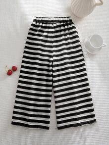 SHEIN LMoss Kids 少女款針織條紋休閒寬鬆直筒長褲 - 黑色 - 查看 4