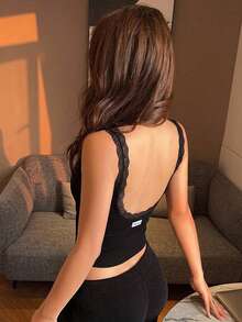 DAZY Women's Lace Patchwork Hollow Back Fitted Solid Color Sleeveless Camisole Tank Top - Black - View 10