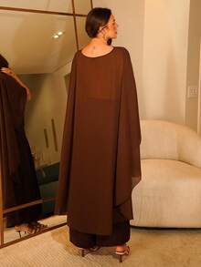 Vivi Wanderley Women Two Pieces Set,Dark Brown Summer Elegant Dining Round Neck Asymmetrical Shawl Cardigan&High Waist Wide-Leg Long Pant,Old Money Style Banquet - Brown - View 3