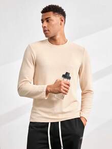 Driftmere Men's Minimalist Fashionable Ribbed Knit Tee, For Fall, Long Sleeve Top - Apricot - View 1