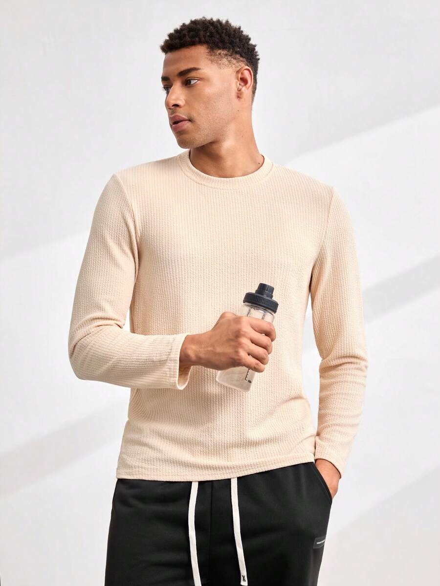 Driftmere Men's Minimalist Fashionable Ribbed Knit Tee, For Fall, Long Sleeve Top - Apricot - View 1