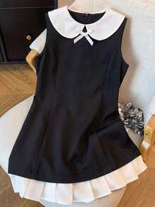 SHEIN Back To School Season Girls Black & White Classic Little Black Dress With Small Collar, Bowknot And Ruffle Hem - Black - View 7