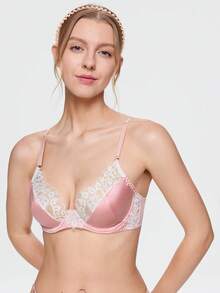 Bonmuse Women's Satin Lace Lingerie Set, Underwire Bra And Thong, Sweet Floral Eyelash Lace Lingerie - Pink - View 5