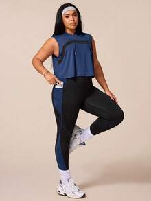SHEIN Rhythm Era 女款運動瑜伽戶外健身運動套裝，抽繩連帽無袖寬鬆運動衫，胸前弧形拼色設計，緊身運動褲配線條與拼色對比 - 藏蓝色 - 查看 5
