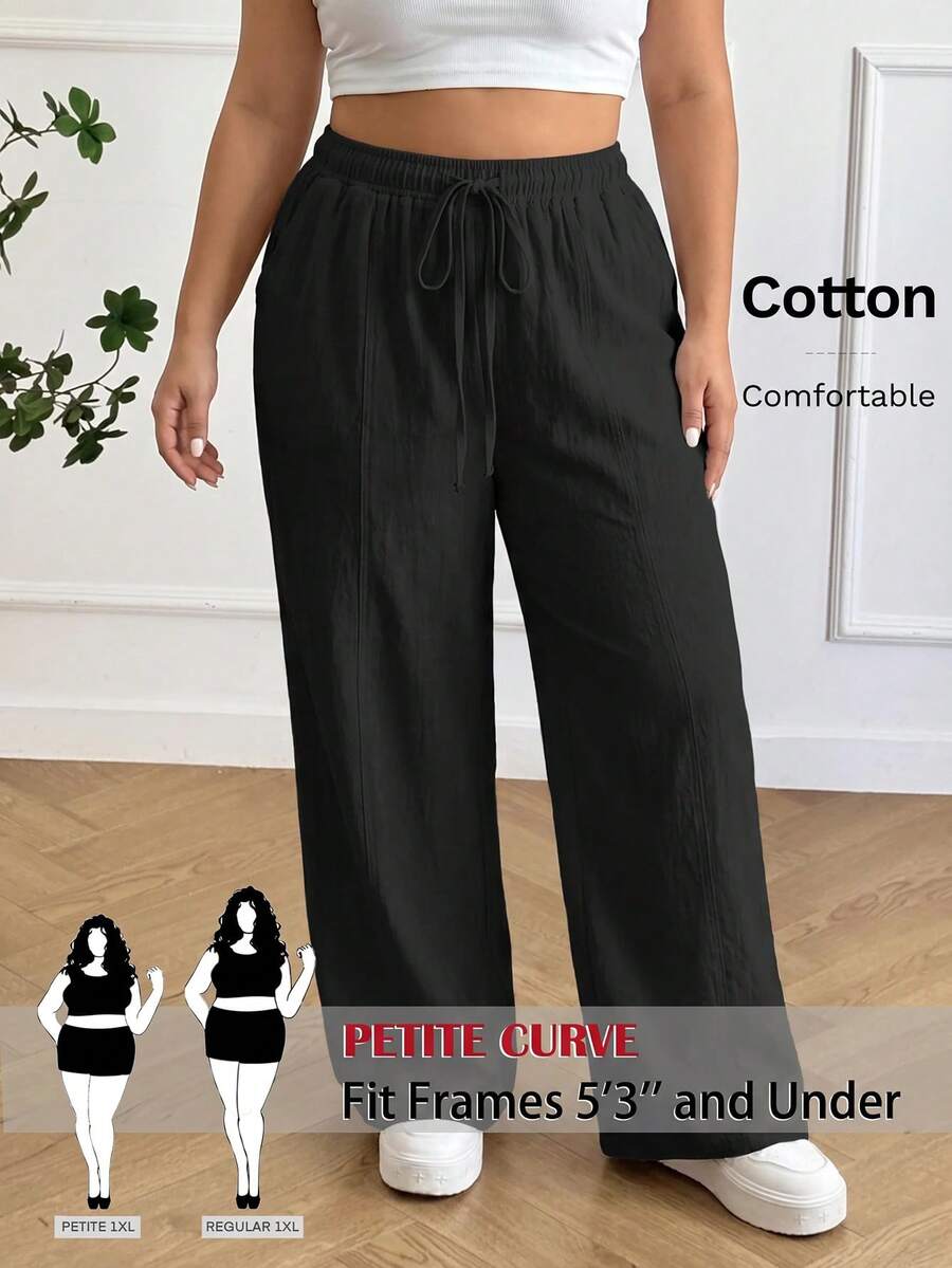 SHEIN PETITE CURVE Plus Size Women Solid Color Drawstring Waist Casual Versatile Wide Leg Pants For Daily Wear - Black - View 1