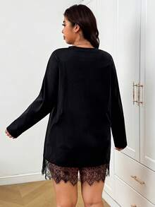SHEIN EZwear Robe grande taille couleur unie avec patchwork en dentelle automne - Noir - Voir 3