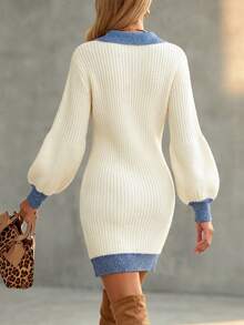 Breezaya Women Contrast Polo Neck Knit Bodycon Dress, Slim Fit Mini Sweater Dress With Lantern Puff Sleeves - White - View 3