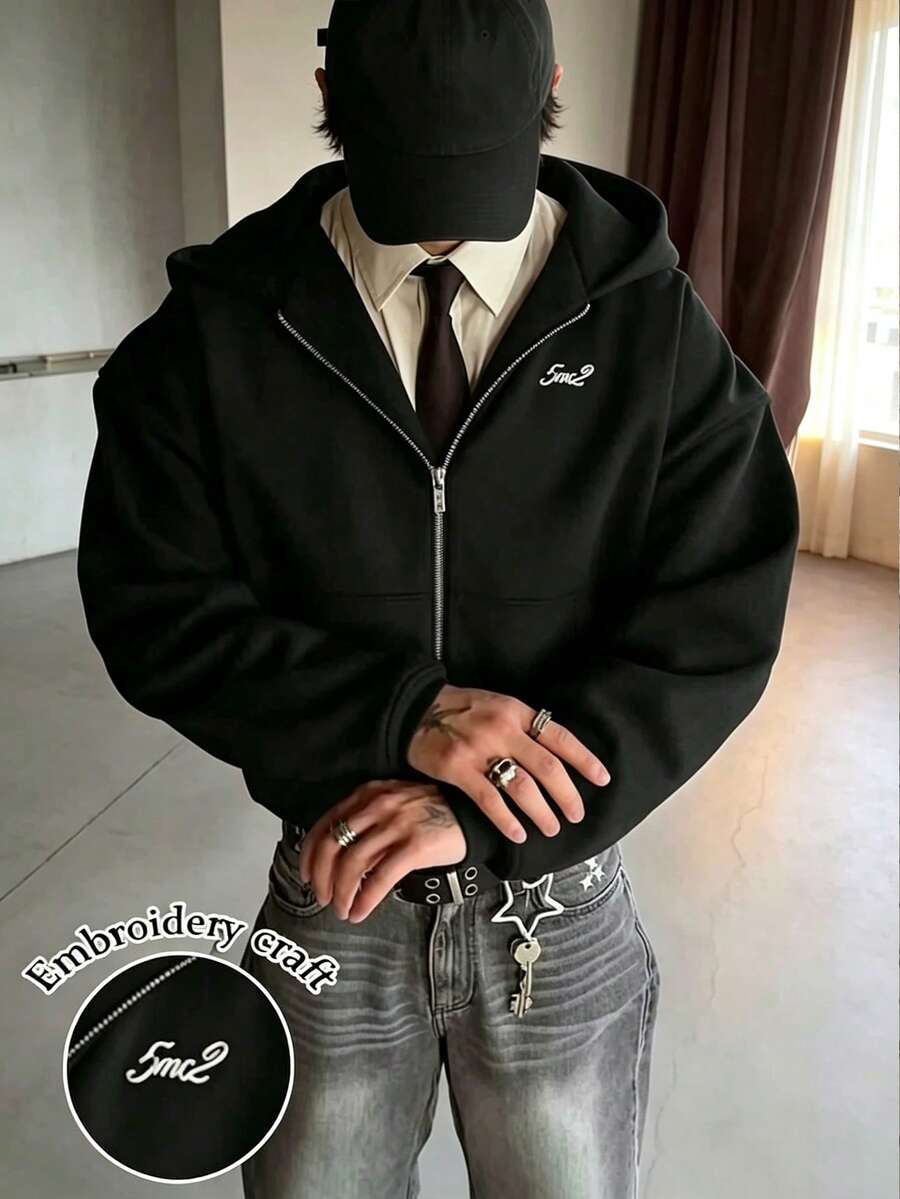 Resyla Men 美式復古街頭風刺繡連帽衛衣,黑色大尺寸寬鬆品牌運動衫 - 黑色 - 查看 1