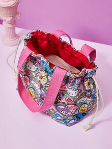 HELLO KITTY AND FRIENDS | Joivida Collaboration 1pc Cute Cartoon Print Lunch Bag, Drawstring Closure Design, Lightweight And Portable. Large Capacity, Can Hold Lunch Boxes, Snacks And Drinks. Uninsulated But Convenient Enough For Daily Use. Suitable For Picnics, Camping, Travel, School Or Home Use, A Fun And Cute Gift For Students, Friends And Family - Pink - View 3