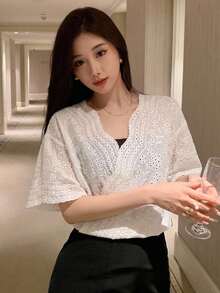 FRIFUL Women's Burnout Embroidered Overlap V-Neck Drop Shoulder Loose Blouse Summer - White - View 13