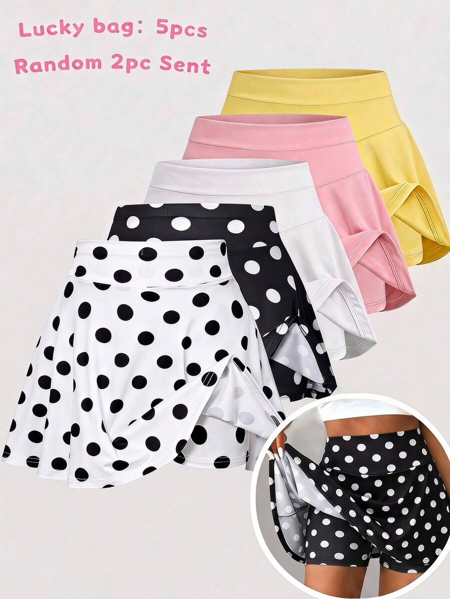 SHEIN 青少年女孩波點二合一裙褲，夏季高腰A字迷你裙內含短褲，修身甜美學院風休閒女童下身褲