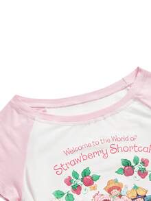 Strawberry Shortcake | ROMWE Camiseta de mujer de manga corta con cuello redondo, bloques de color, letras y diseño de dibujos animados - Blanco - Ver 4