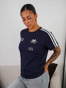 SAYEHFBABY Motorcycle Style Print Colorblock Striped Detail Short Sleeve T-Shirt,Fall Clothes Preppy Tops Casual - Navy Blue - View 5