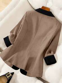 GlowEve CURVE Plus Size Elegant Fitted Notch Lapel Blazer, Single-Breasted Colorblock Casual Business Jacket, Autumn/Winter - Brown - View 2