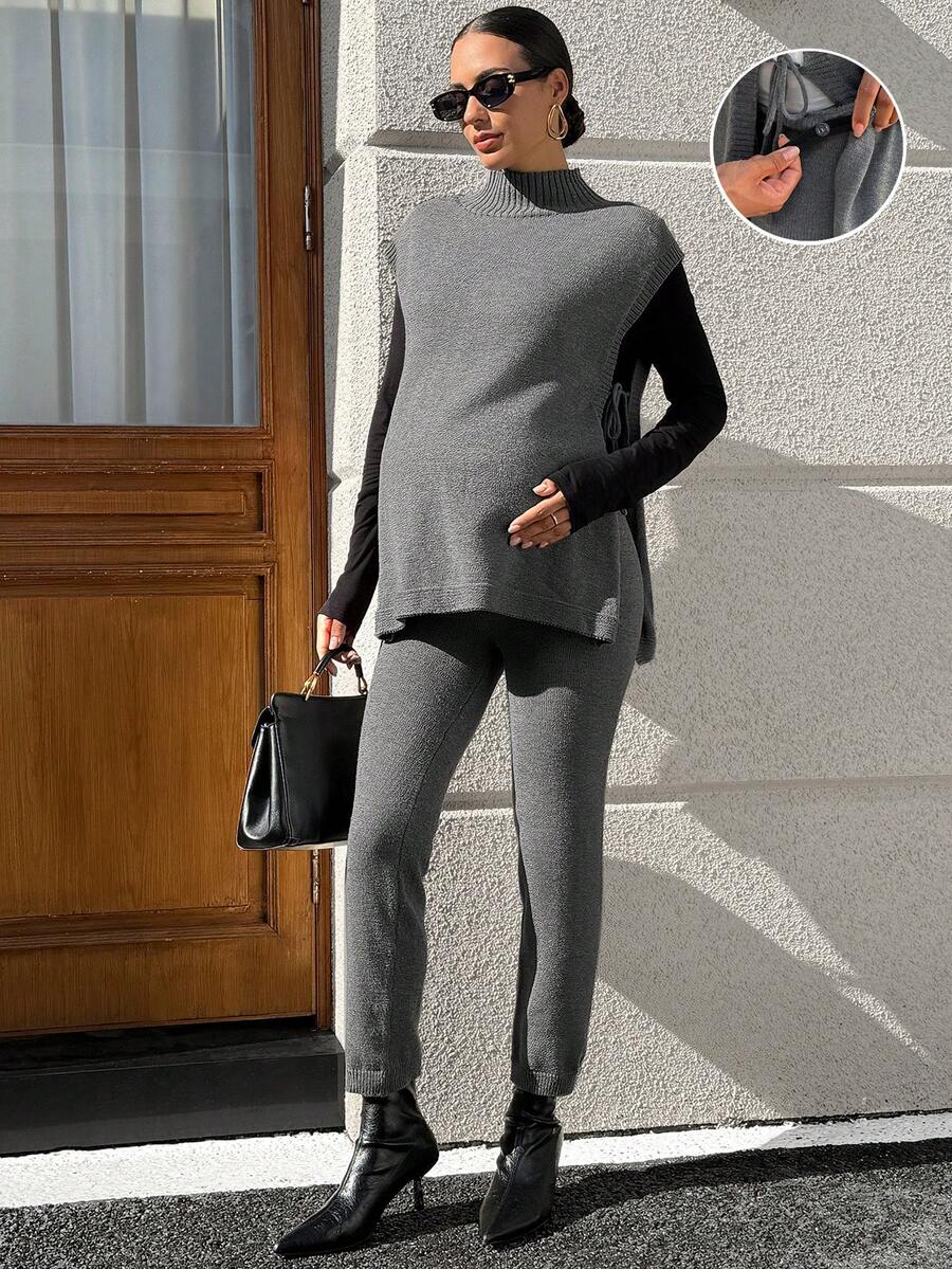 MaterniWear Maternity High Neck Side Slit Knit Vest Cardigan And Adjustable Waist Long Pants Set - Grey - View 1