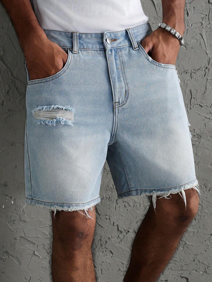 GALLERY FADE Men's Casual Daily Denim Shorts With Pocket, Button And Distressed Design - Blue - View 1