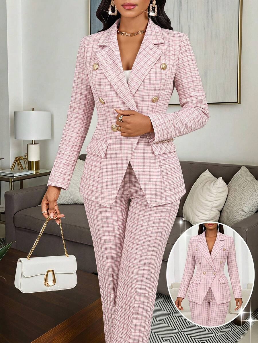 Fleurora Women's Plaid Lapel Neck Long Sleeve Double-Breasted Jacket And Pants Elegant Casual Suit Set Office Business Dinner Pink Check Work Outfits For Women - Baby Pink - View 1