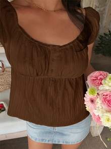 SHEIN EZwear 夏季休閒百搭棕色鈕扣設計襯衫 - 棕色 - 查看 4
