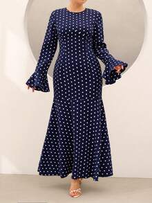 Graceveil Elegant Navy Blue High Neck Flared Sleeve Cinched Waist Mermaid Dress Office Evening Spring - Royal Blue - View 7