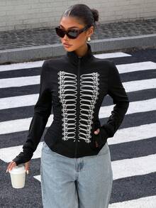 Muchica Black Fitted Women's Long-Sleeve Knit Sun-Protection Jacket, Featuring A Vintage Napoleon-Style Print And Pockets. - Black - View 3