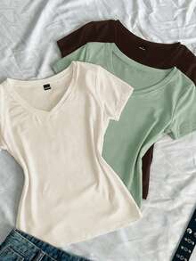 SHEIN EZwear 3件組女款夏季V領修身T恤 龐克休閒次文化動漫風 素色短袖修身款 日常居家穿搭 白色、鼠尾草綠、深褐色 - 彩色 - 查看 4