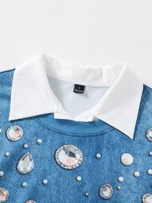 SHEIN LUNE 女款牛仔效果水鑽印花二合一長袖運動衫 - 藍色 - 查看 6