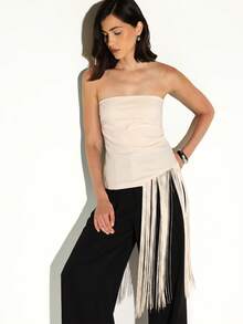 KSTM Strapless Tube Top With Dramatic Side Fringe Trim Bodycon Fit Evening Party Style - Cream - View 7
