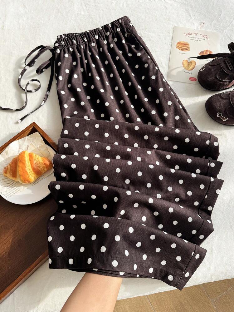 Comfortcana Plus Size Women Casual Thin Corduroy Ribbed Brown Polka Dot Tie Waist Long Pants Fall - Brown - View 5