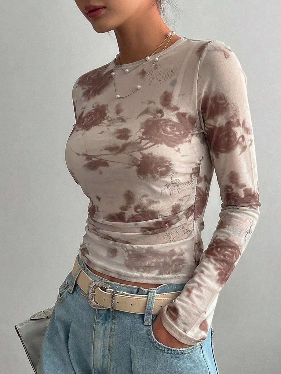 DAZY 夏秋款紮染漸層網紗透視罩衫長袖T恤休閒街頭風女款上衣圖案T恤 - 棕色 - 查看 1