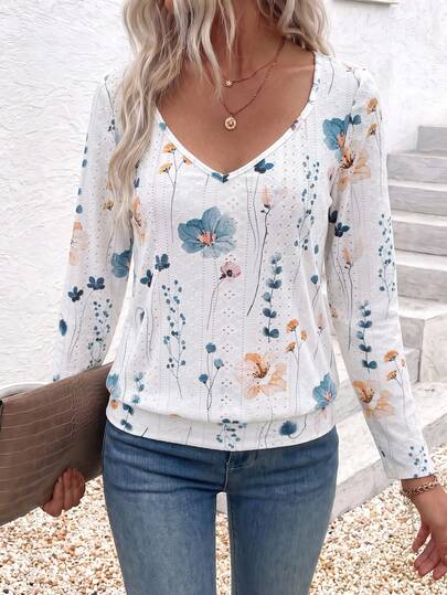 SHEIN ملابس علوية نسائية أنيقة فضفاضة بيضاء بطبعة زهور منسوجة مفرغة، بأسلوب مائي، بياقة على شكل حرف V وأكمام طويلة، كاجوال ريفي