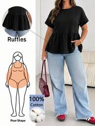 SHEIN Essnce Camisa negra de manga corta y cuello redondo casual para mujer talla grande