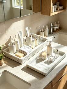 Marble Tray For Bathroom, 2 Pieces Tray Set. Made Of Silicone, Featuring White Marble Patterns, Suitable For Bathrooms, Bathtubs, Kitchen Sinks, And Bathroom Silicone Trays. - multicolor - View 8