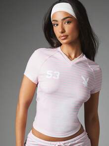 Missguided x Playboy Bunny Logo Striped Mini Shorts With Drawstring Waist Side Pockets And Signature Script Back Print Co-Ord Set - Multicolor - View 5