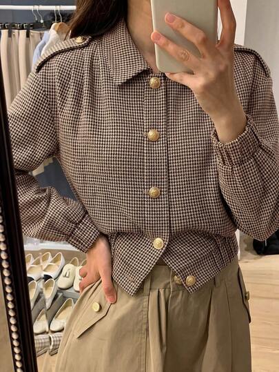 Lumalex Houndstooth Bomber Blazer Spread Collar Gold Buttons Long Sleeves Elastic Hem Relaxed Tailored Fit,Autumn And Winter