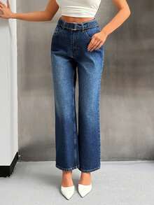 EURMUSE STRAIGHT HIGH WAIST JEANS BELT DETAIL - Medium Wash - View 7