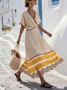 SHEIN Holidaya 夏季新品：V领优雅连衣裙——短袖，撞色宽窄条纹，宽松长款廓形。这款法式复古单品融合了度假风情与职场优雅，A字版型更显修身显瘦。 - 彩色 - 查看 3