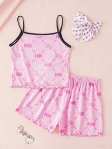 HELLO KITTY AND FRIENDS | SHEIN 少女可愛卡通印花細肩帶上衣與短褲居家服套裝 - 粉色 - 查看 2